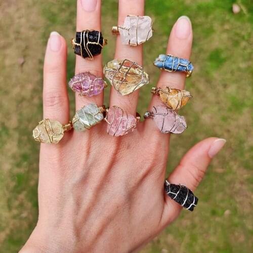 POMLEE Irregular Natural Stone Wire Wrap Rings for Women Healing Amethysts Aquamarine Natural Quartz Stone Rings Open Resizable