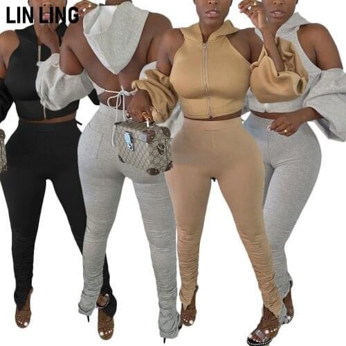 LINLING Solid Irregular Hollow Strap Open Back Hooded Zipper Jacket Elastic High Waist Pleated Pants Two Piece Suit