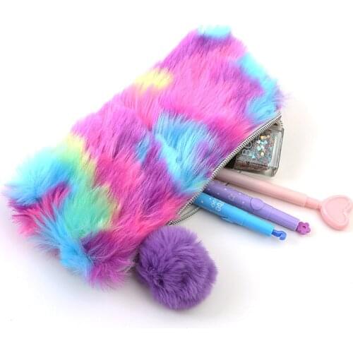 High Quality Cute Plush School Pencil Case Rainbow Pencilcase Large capacity Pencil Bags School Stationery Supplies Kids Gifts