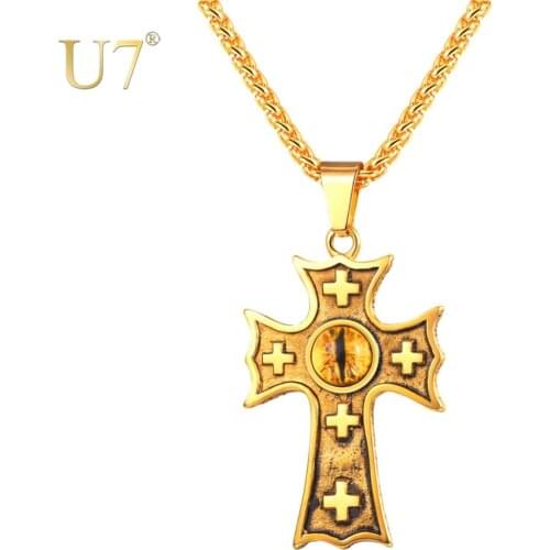 U7 Cross Eye Ethnic Religious Pendant Necklace for Men Stainless Steel Chain Punk Vintage collares collier Male Jewelry P1184
