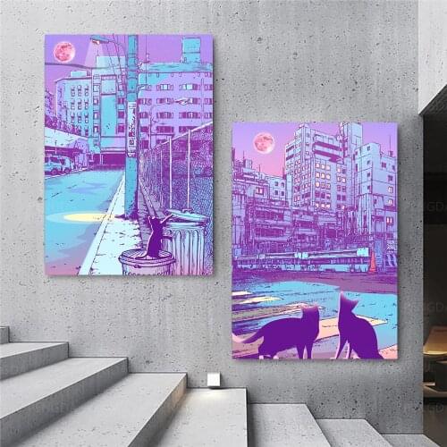 Wall Art Cat Poster HD Prints Moon Street Landscape Canvas Painting Modern Home Decor Living Room Modular Animal Pictures Frame