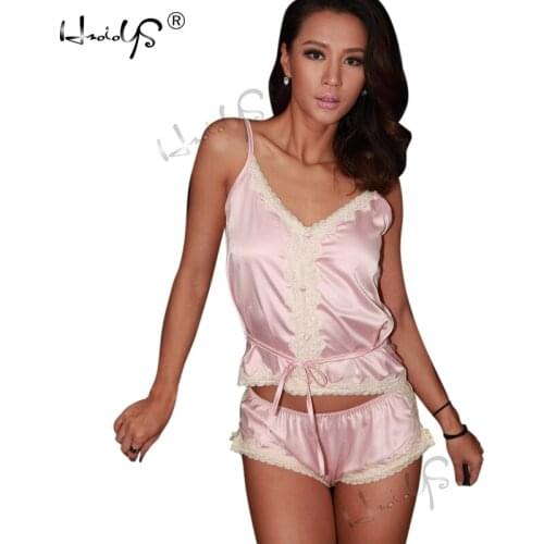 2017 New Arrived Luxury Imitation Satin Women Short Pajama Set Sexy Lace Pajamas Suit Silk Thin Hot Women Night Wear Clothes