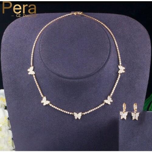 Pera Charming Shiny Cubic Zirconia Yellow Gold 2Pcs Round Butterfly Chokers Necklace Earrings Set for Ladies Prom Jewelry J342