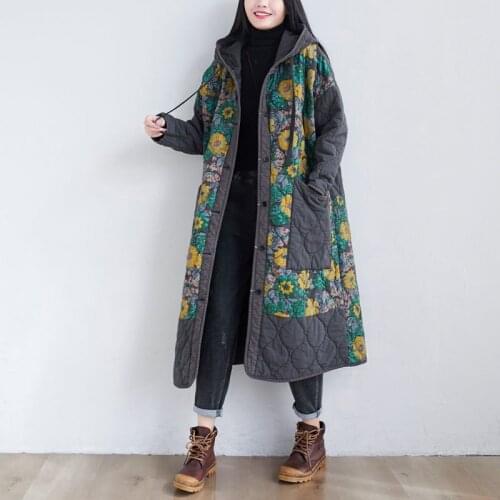 Chinese Style Clothing Women Clothes 2021 Winter Plus Cotton Parkas Coat Women Hooded Print Thicken Warm Loose Coat Female T2469