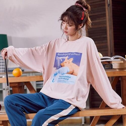 Autumn Cotton Pajamas For Women Cute Pink Oversized Women Pajamas Kawaii Cartoon Piggy Pattern Comfortable Homewear Sleepwear