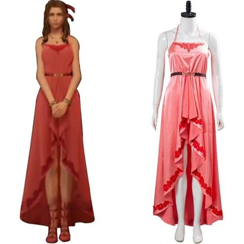 Final Fantasy VII:7 Cosplay Remake Aerith Costume the Honeybee Inn Peach Pink Long Gown Peach Halter Aerith Dress Gown Wall Mar