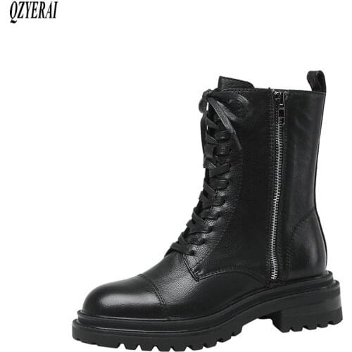 QZYERAI New winter 100% genuine leather Women boots Fashion boots motorcycle lace-up Female boots Martin boots warm Women shoes