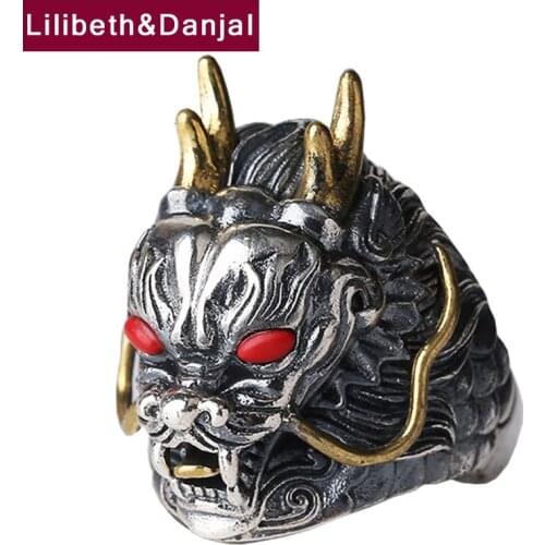 Inlaid Turquoise Dragon Real 925 Sterling Silver Adjustable Ring Vintage Fine Fashion Jewelry Women Men 2021 Free Shipping R21