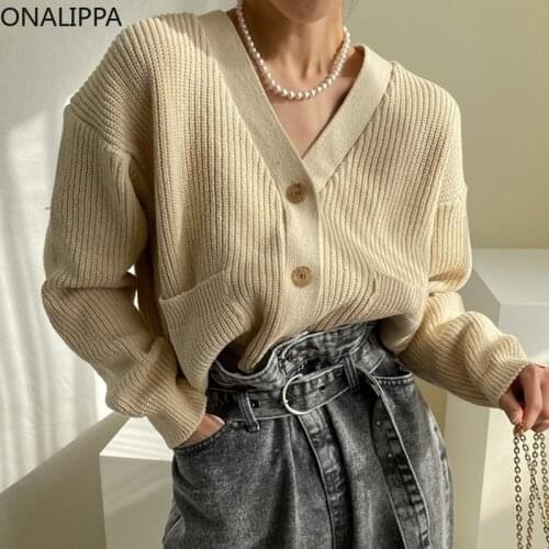 ONALIPPA Back Digital Patch Design Knitted Cardigan Korean Chic Lazy Style V-neck Loose Single-Breasted Long-Sleeved Sweaters
