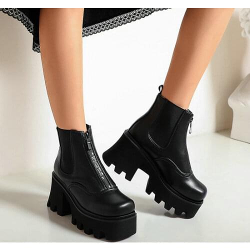 ZawsThia Solid Black Goth Boots Womans Chunky Wedges High Heels Platform Winter Women Ankle Boots Front Zipper Big Size 42 43 44