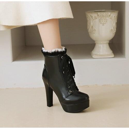 Square Heel Womens Ankle Boots Platform Heel Black Leather Extreme High Heels Shoes for Party Nightclub Model Front Zip