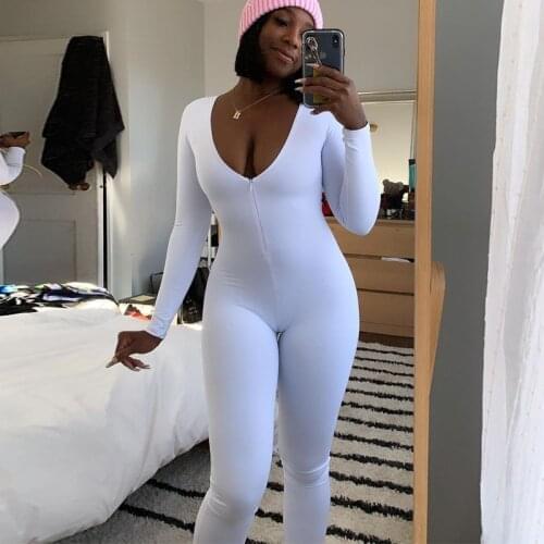 2021 Women Fall Winter Jumpsuit Yoga V Neck Long Sleeve Stretchy Bodycon Slim Zipper Solod Stretchy Streetwear Casual Jumpsuits