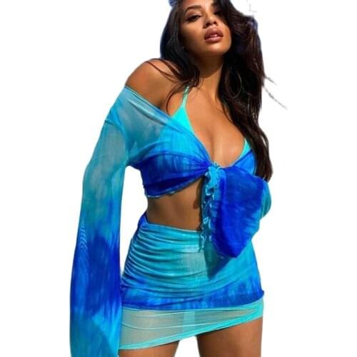 Womens beach skirt suit tie-dye two-piece summer blue swimsuit feminine summer new style 2021 long-sleeved tailoring
