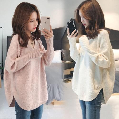 2021 New V-neck Pullover Sweaters Womens Autumn Winter Long Sleeve Loose Bottoming Knitwear Korean Casual Slit Irregular Jumper