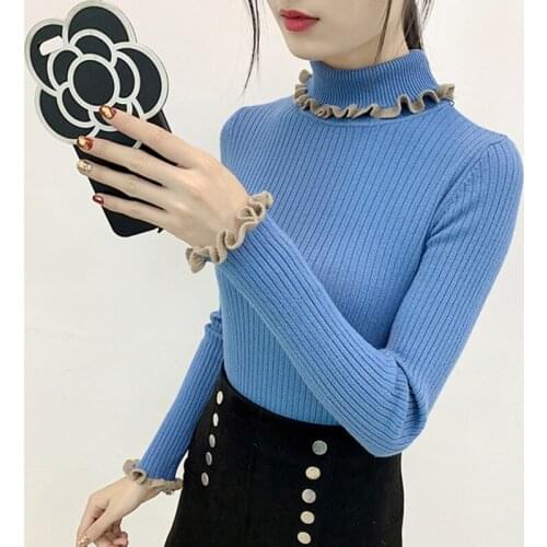 Zoki Elegant Turtleneck Women Knitted Pullover Sweater Fashion Ruffles Slim Korean Ladies Jumper Top Casual Elastic Girls Blouse