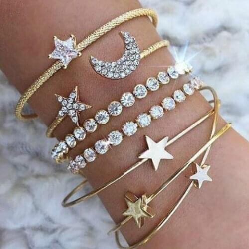1 Pcs/set Punk Retro Charm Simple Moon Star Heart Crystal Elasticity Bracelet Party Jewelry Accessories For Women