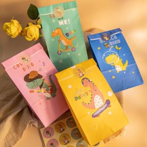 12pcs Treat Candy Bags Lovely Dinosaur Paper Gift Bags Birthday Party Baby Shower Open Top Stand Up Favor Bags DIY Wrapping Deco