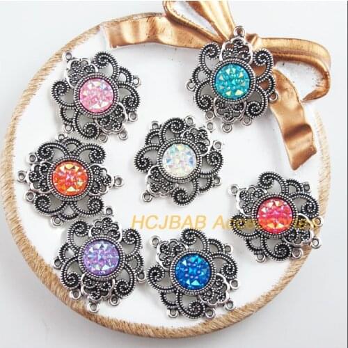 7 New Flower Charms Tibetan Silver Tone Retro Mixed Round Resin Connectors 27.5x31.5mm