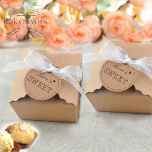 FREE SHIPPING 70PCS Brown Candy Boxes w/ Tag Wedding Favors Birthday Kraft Candy Boxes Bridal Shower Party Sweet Package Ideas