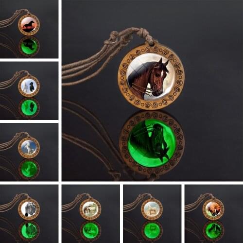 Luminous Horse Wooden Necklace Glowing White Horse Zebra Carved Wood Pendant Animal Jewelry Men Women Rope Chain Necklace