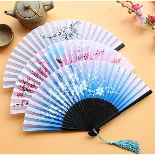 Home Decoration Ornaments Craft Gift Fan Vintage Silk Folding Fan Retro Chinese Bamboo Hand Folding Fan Dance Hand Fan