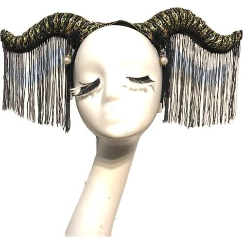 Gothic Headpiece for Cosplay Hair Accessories with Tassels Party Halloween Horn Headband Steampunk Photograph Headwear