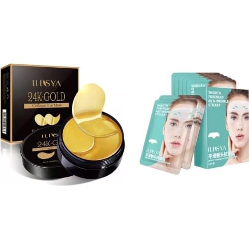 60Pcs Collagen 24K Gold Eye Mask+10 Pcs Forehead Patches Anti-Wrinkle Frown Lines Removal Skin Care Stickers Moisturizing Pad
