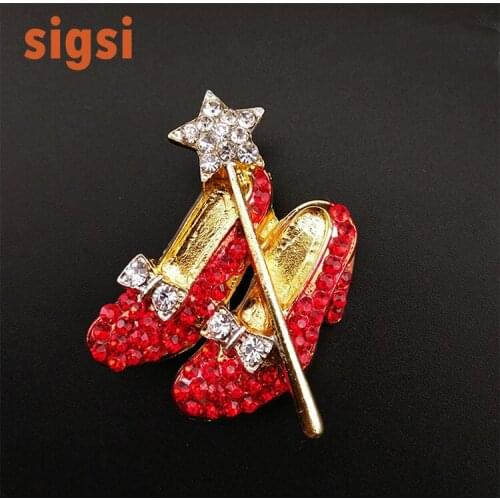 Lot Gold-tone Red Crystal High Heel Shoes Star Wand Bow Lapel Pin Dorothy Wizard of Oz Style Shoes Brooch