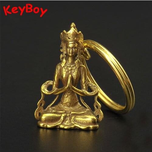 Pure Copper Solid Mini Guanyin Buddha Handmade Keychains Pendants Hanging Jewelry Lucky Blessing Brass Car Keyrings Accessories