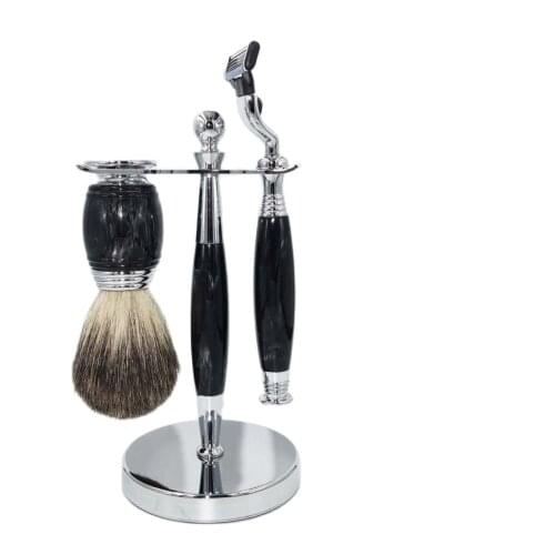 WLONG Mens Classic Wet Shaving Kit Pure Badger Hair Knot Safety Razor with Black Resin Acrylic Handle Holders