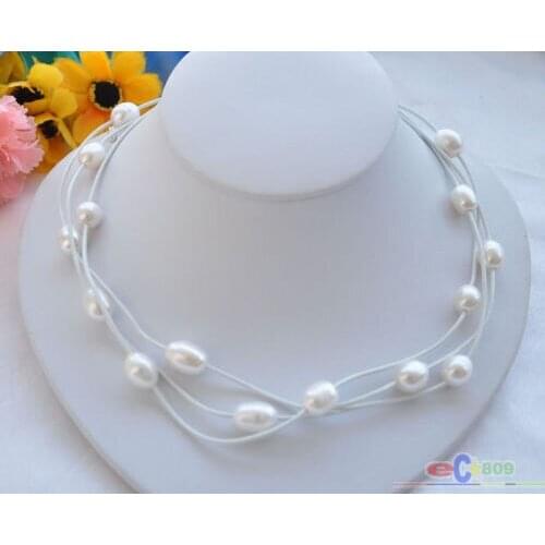 Wholesale 3row 18" 11-12mm white rice pearl white leather necklace