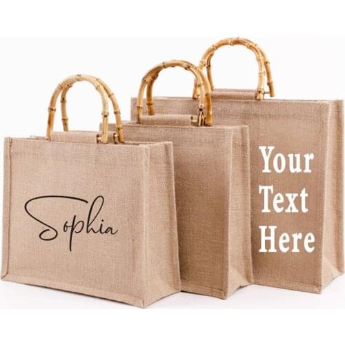 Personalised Jute Bag with Bamboo Handle Shopping Bag Custom Name Jute Tote Bag Bridesmaid Gift Bag Wedding Favor Gift for Her