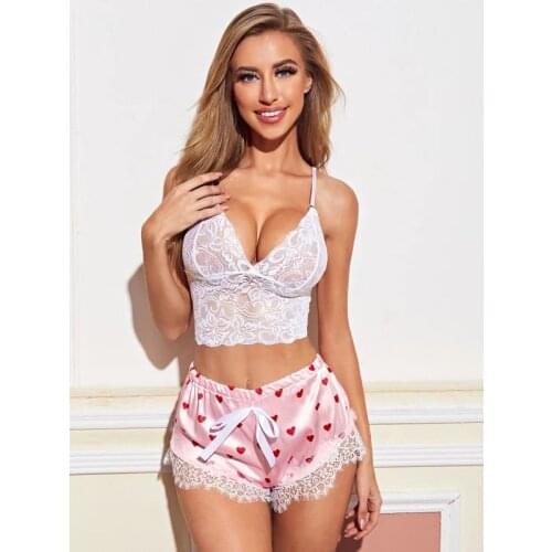 Sexy Underwear Sets Pajama Sets Hollow Out Bra Tops And Shorts Women Erotic Hot Lace Lingerie Floral Sleepwear Female