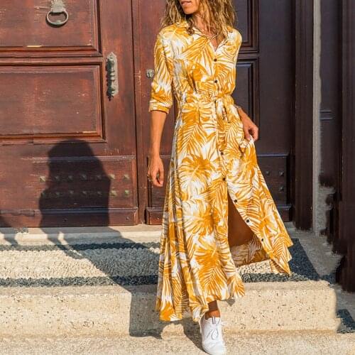 Summer Maxi Dress Women Casual Bohemia Beach Sundress Sash Single-breasted Floral Tunic Shirt Long Dresses Woman Autumn 2021