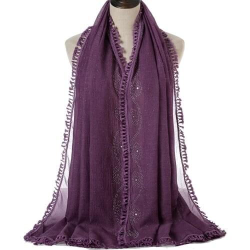 2021 New Arrival Cotton Plain Muslim Hijabs Shawls Scarf Rhinestone Headscarf With Tassels Large Size Wraps Turbans 1PC Retail