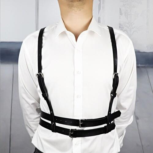Fullyoung Men Black Leather Harness Belt Flirting Muscle Chest Strap Muscle Body Bondage Gay Waist Garter Adjustable Fetish Punk