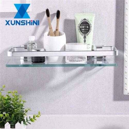 XUNSHINI Tempered Glass Bathroom Shelf Aluminum Storage Rack Rectangular 30 40 50cm 1 Tier Silver Sand Sprayed Wall Mounted