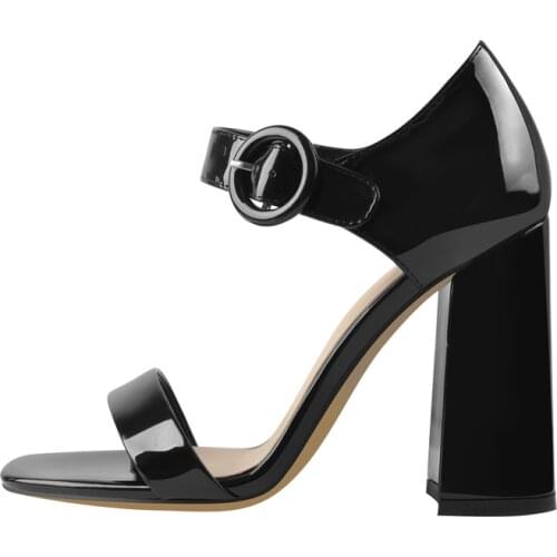 Richealnana Woman Black Sandals Square Open Toe Chunky Heels Bukle Shinning Patent Leather Ladies Fashion Pumps Large Size US15