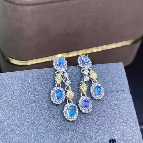 Luxury string tassels Irregular natural light blue moonstone drop earrings Natural gem earrings 925 silver girl party jewelry