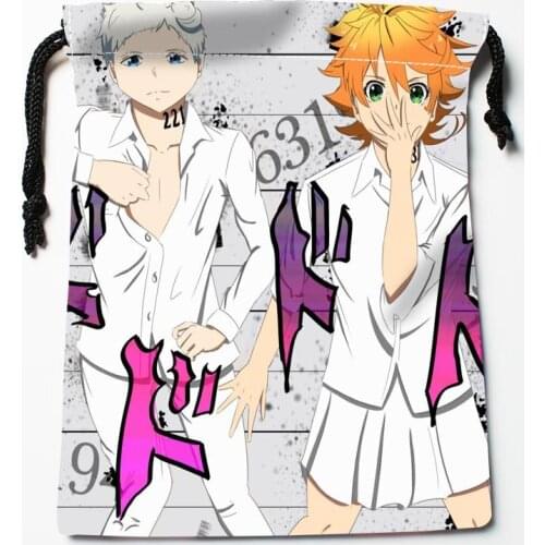Best Sell The Promised Neverland Drawstring Bags Print 18X22CM Soft Satin Fabric Resuable Storage Storage Clothes Bag Shoes Bag