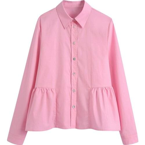 Spring Autumn Womens Laminated Lace Loose Poplin Casual Shirt Sweet Pink Top