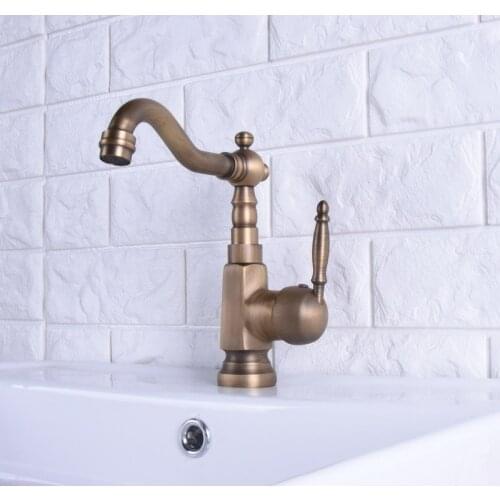 Vintage Antique Brass Single Lever Handle Swivel Spout Bathroom Basin Kitchen Sink Faucet Cold & Hot Mixer Tap asf116