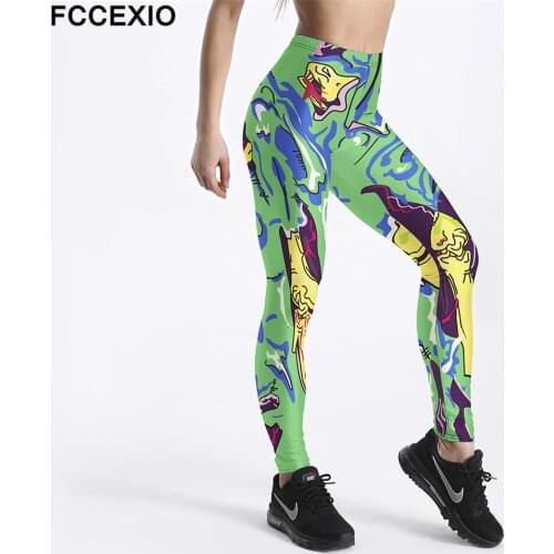 FCCEXIO Green Graffiti Print Sporting Leggings High Waist Elastic Workout Pants Seamless Fitness Leggins Women Slim Legins