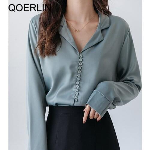 QOERLIN V-Neck OL Formal Style Womens Blouse Long Sleeve White Casual Tops Female Spring Autumn Solid Shirt 2021 Chiffon Shirts