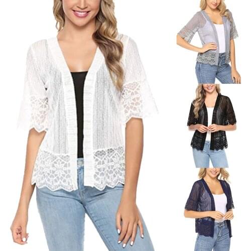 2021 Summer Autumn Womens Open Front Shrug Lady Short Sleeve Solid Color Lace Patchwork Sheer Bolero Cover Up Capes Ponchos