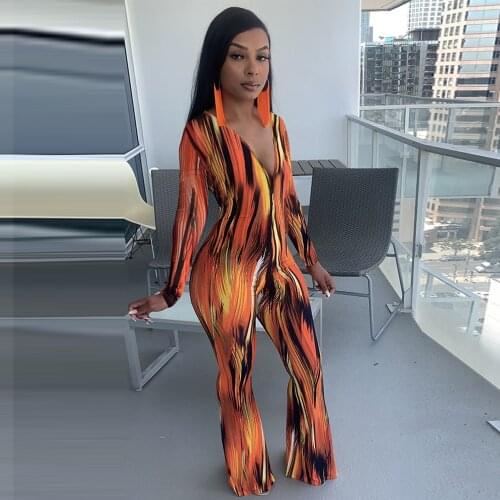 Tie Dye Printed Sexy One Piece Overalls for Women Deep V Neck Full Sleeve Bodycon Outfits Fashion Body-shaping Flare Bodysuits