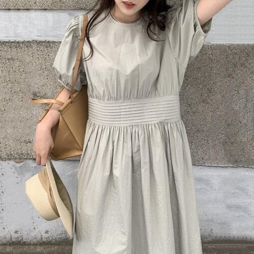 Korean Chic Summer Temperament Round Neck Loose Fold Waist Design Back Single Breasted Puff Sleeve Dress Female