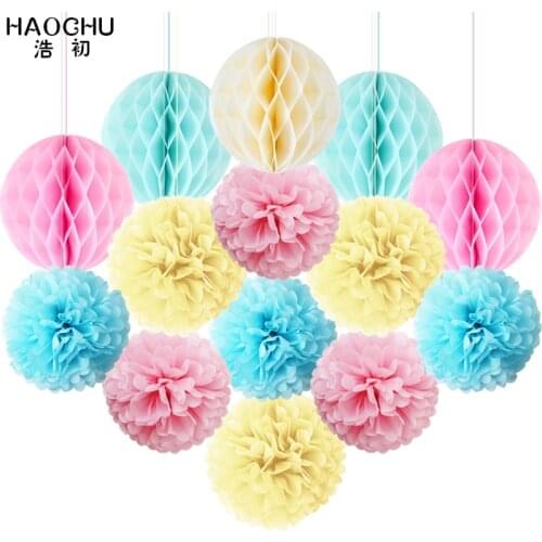 14pcs/set Tissue Paper Flowers Pom Poms Mixed Honeycomb Ball Paper Lantern Baby Boy Girl Shower Decor Wedding Party Decoration