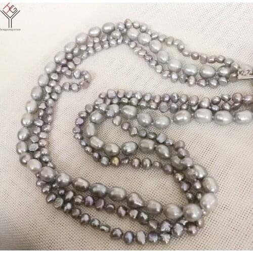 34'' 86cm Women fashion Jewelry 3 Rows long Necklace 6-10mm Gray colors natural pearl baroque freshwater pearl