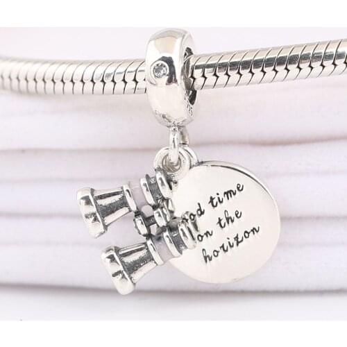 Authentic S925 Silver Enamel Binoculars With Crystal Pendant Hanging Bead Charm for Women Bracelet Bangle DIY Jewelry